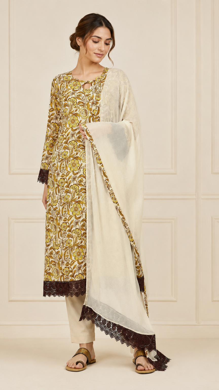 Cream and mustard floral women’s salwar kameez suit with matching trousers and chiffon dupatta, brown lace trim Asian ethnic wear by Diya Online
