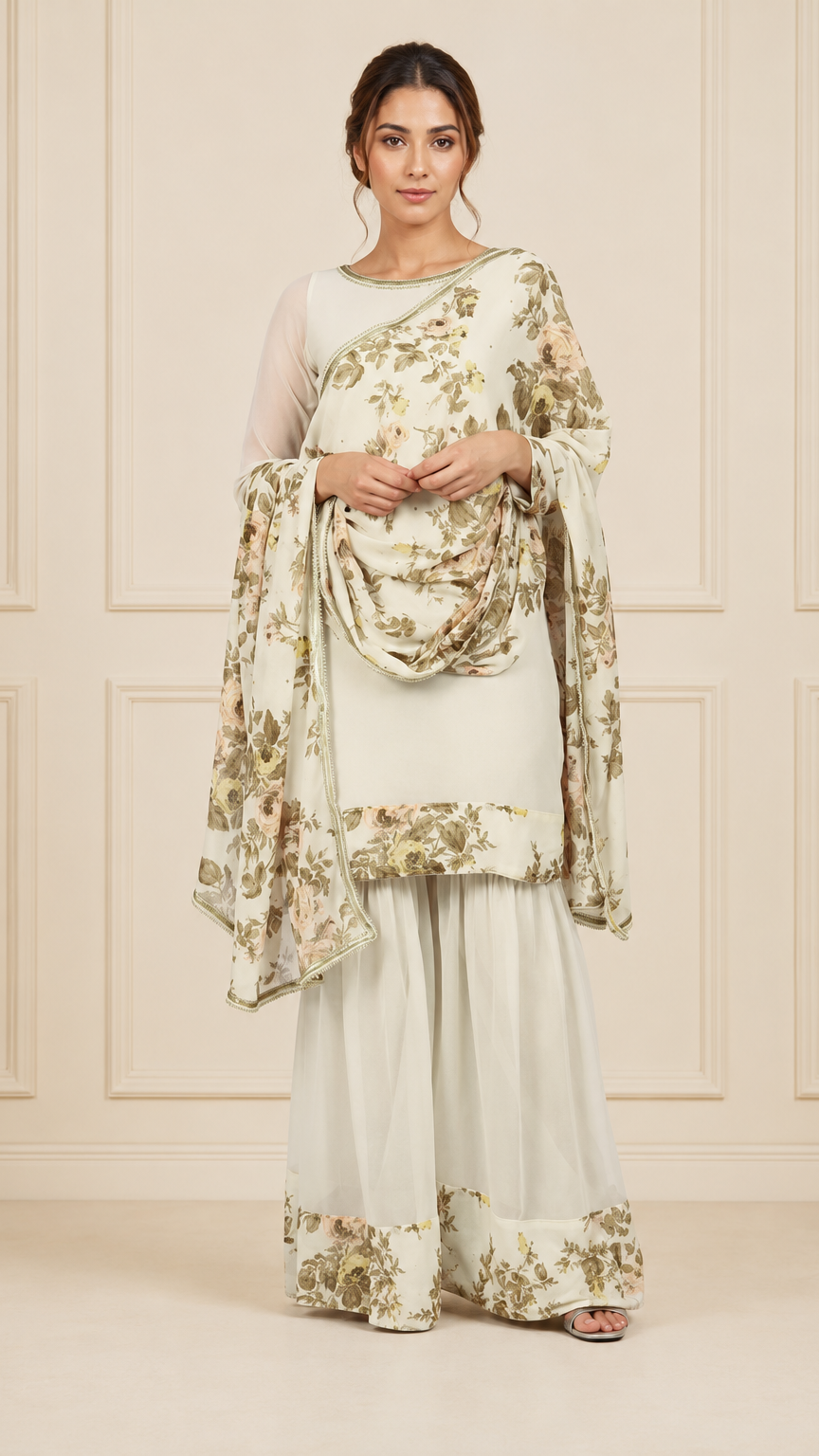 Ivory cream women’s floral salwar kameez suit with wide-leg sharara trousers and matching printed dupatta, elegant Asian ethnic wear by Diya Online