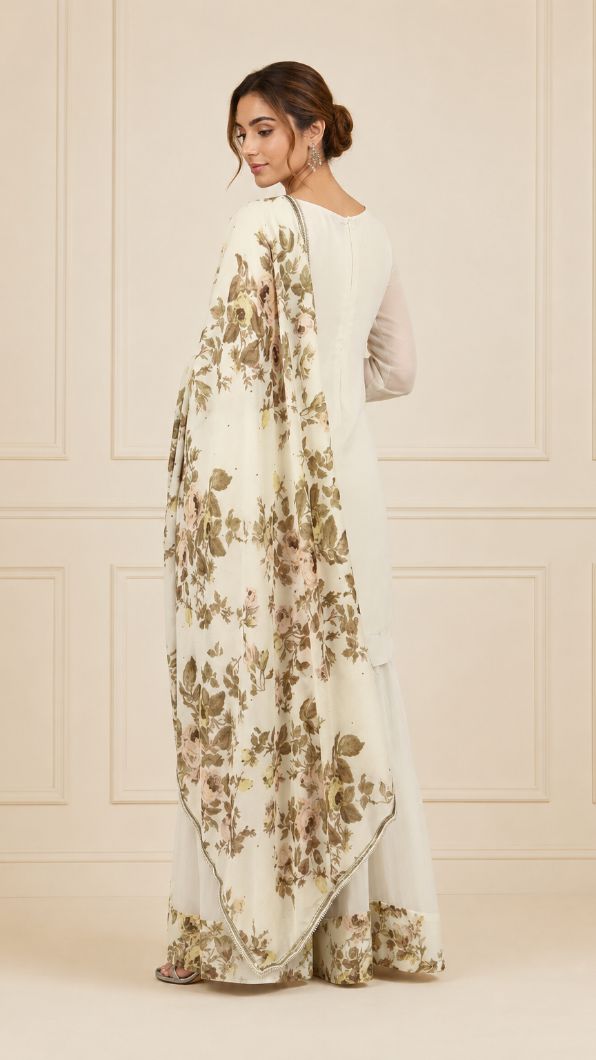Ivory cream women’s floral salwar kameez suit with wide-leg sharara trousers and matching printed dupatta, elegant Asian ethnic wear by Diya Online