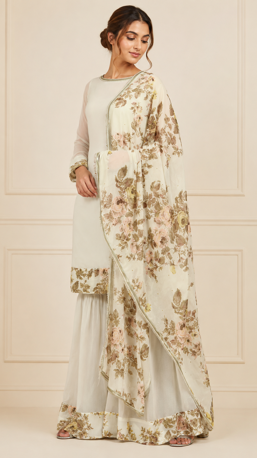 Ivory cream women’s floral salwar kameez suit with wide-leg sharara trousers and matching printed dupatta, elegant Asian ethnic wear by Diya Online