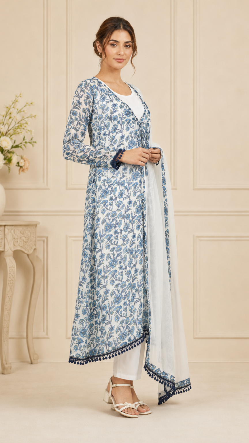 White and blue women’s floral printed salwar kameez suit with matching trousers and chiffon dupatta, elegant Asian ethnic wear by Diya Online