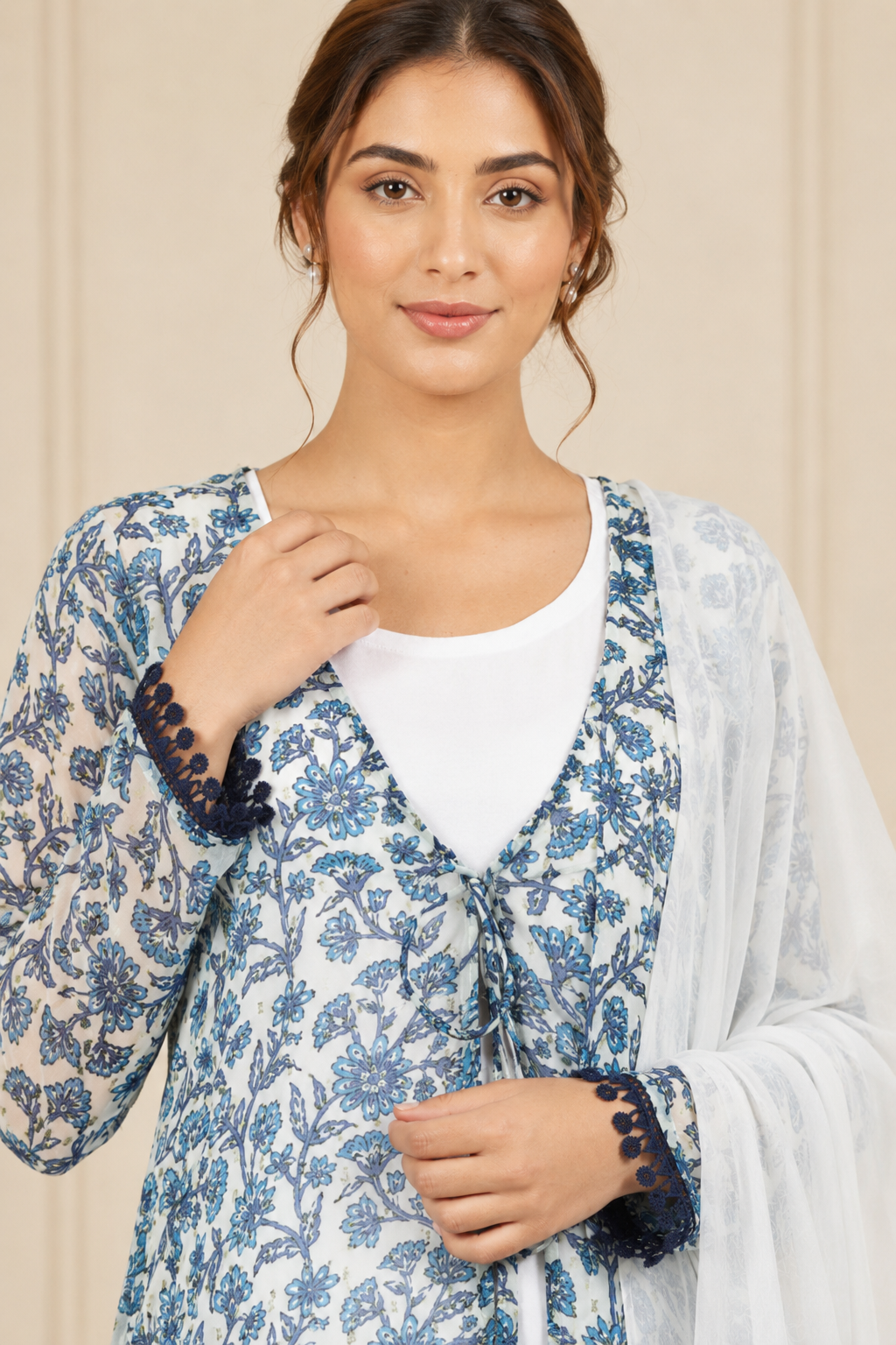 White and blue women’s floral printed salwar kameez suit with matching trousers and chiffon dupatta, elegant Asian ethnic wear by Diya Online