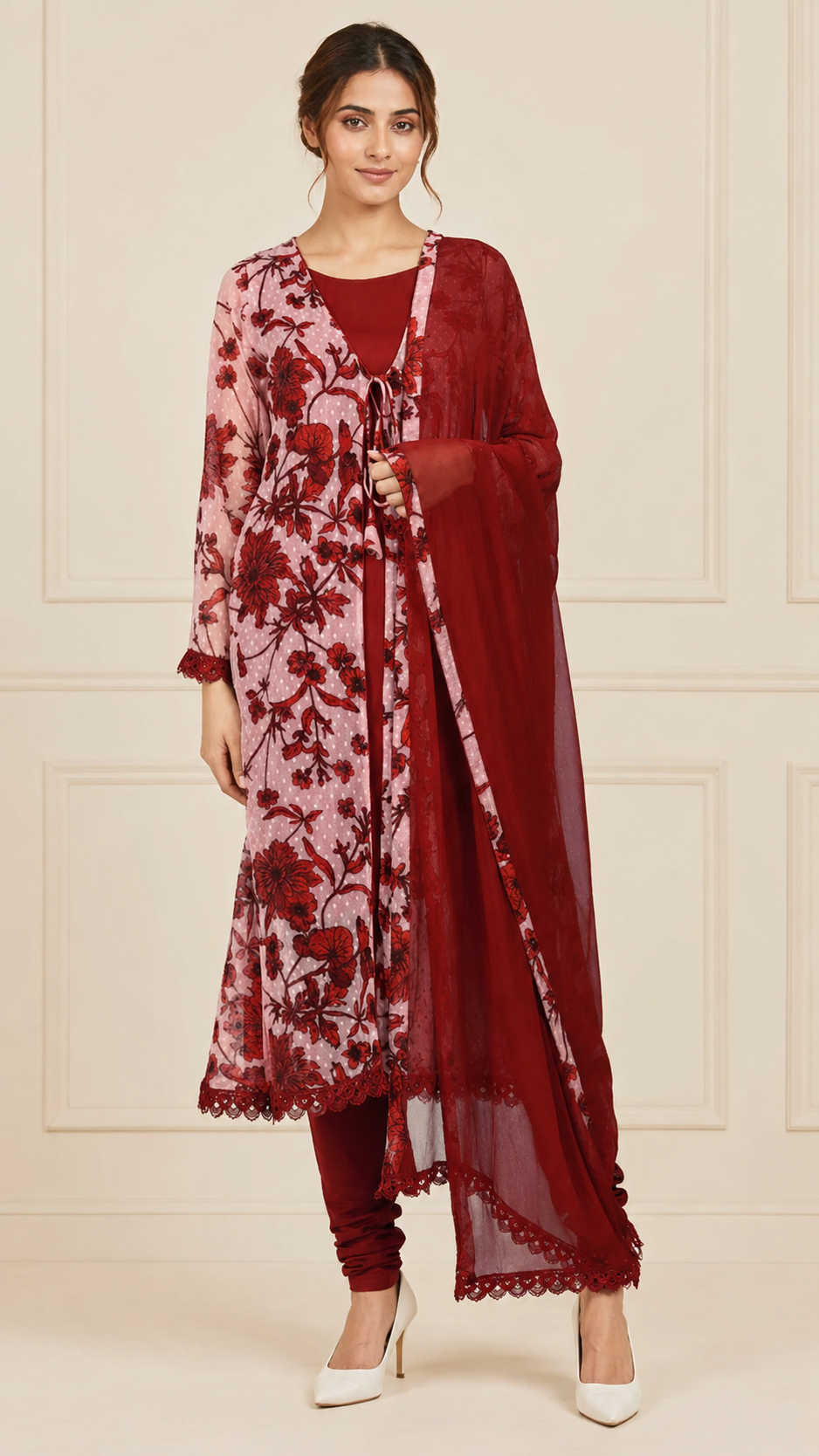 Deep red and blush pink women’s floral embroidered salwar kameez suit with matching trousers and chiffon dupatta, elegant Asian ethnic wear by Diya Online