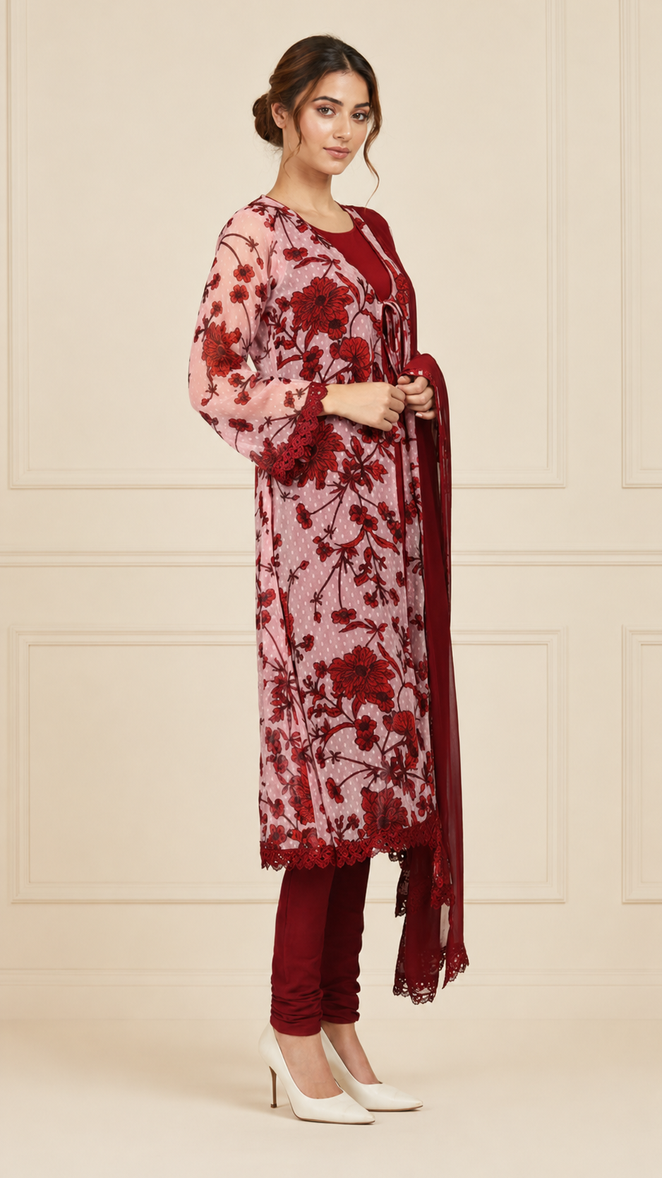 Deep red and blush pink women’s floral embroidered salwar kameez suit with matching trousers and chiffon dupatta, elegant Asian ethnic wear by Diya Online