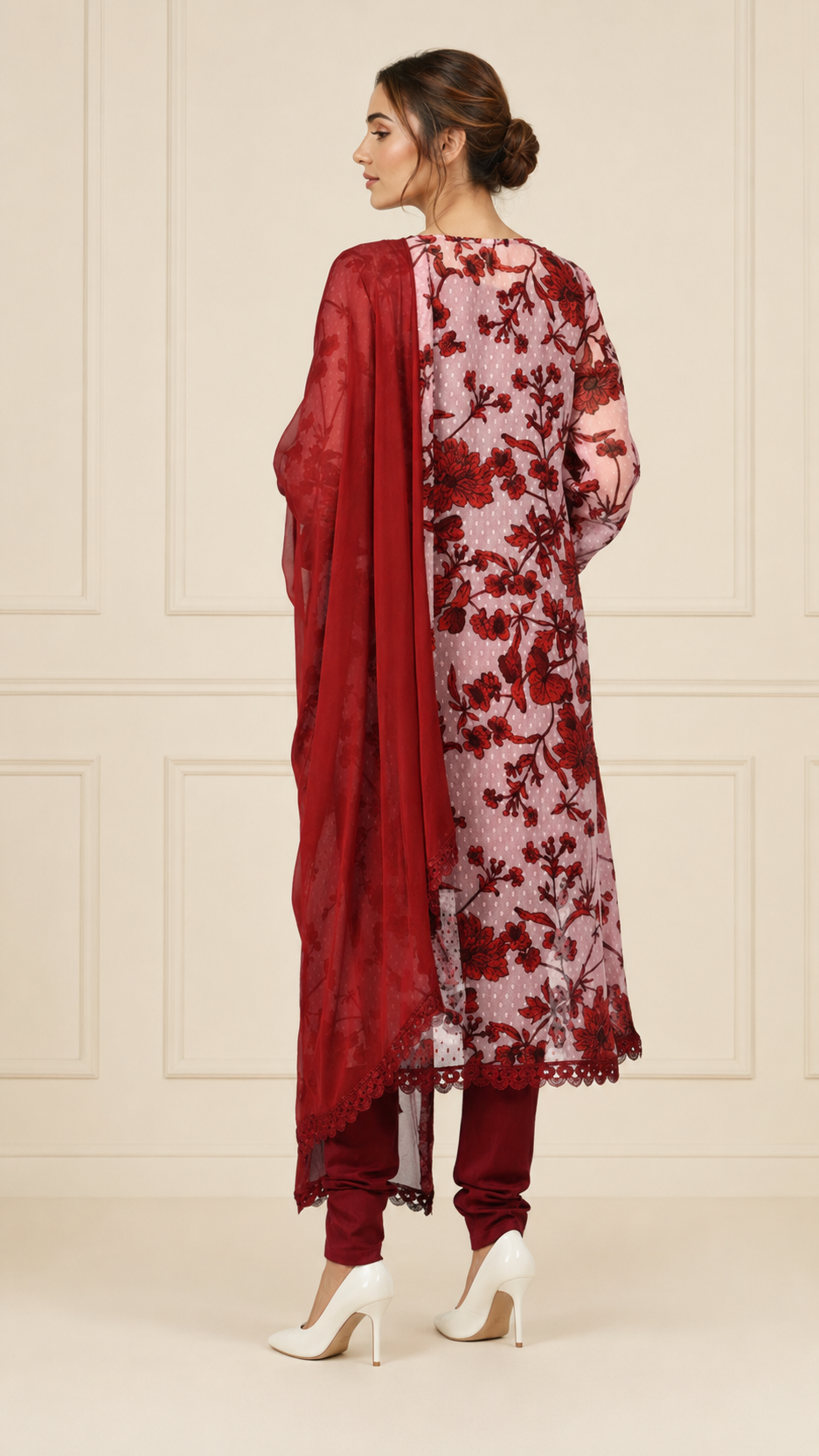 Deep red and blush pink women’s floral embroidered salwar kameez suit with matching trousers and chiffon dupatta, elegant Asian ethnic wear by Diya Online