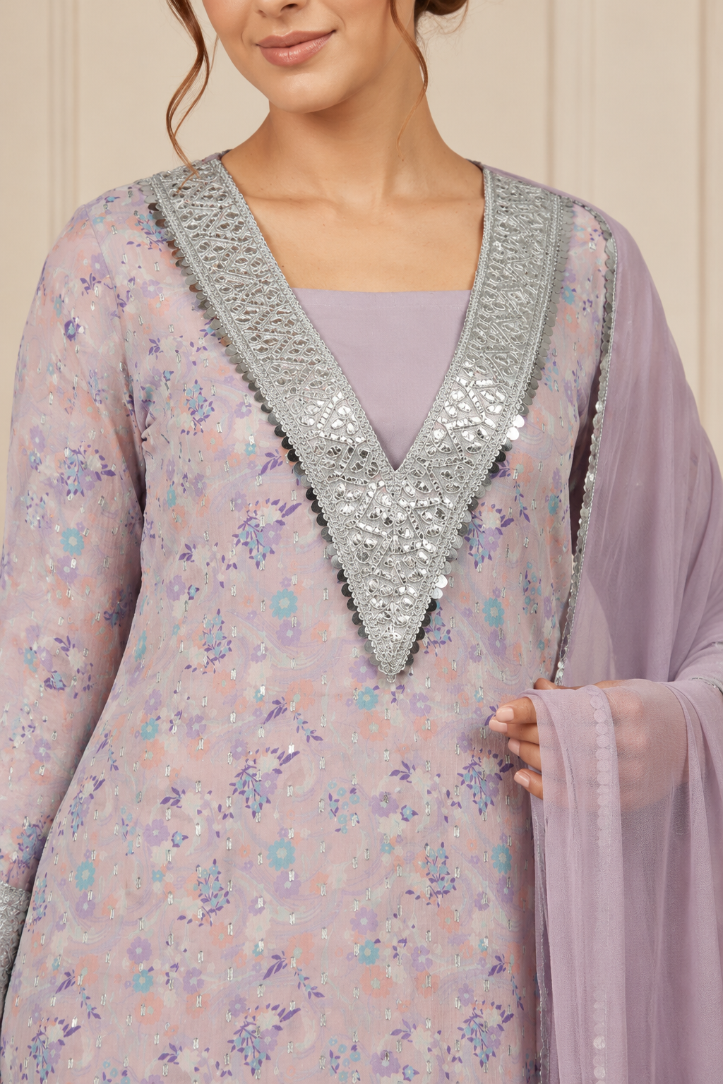 Mauve lilac women’s embroidered salwar kameez suit with matching trousers and chiffon dupatta, silver embellished Asian ethnic wear by Diya Online