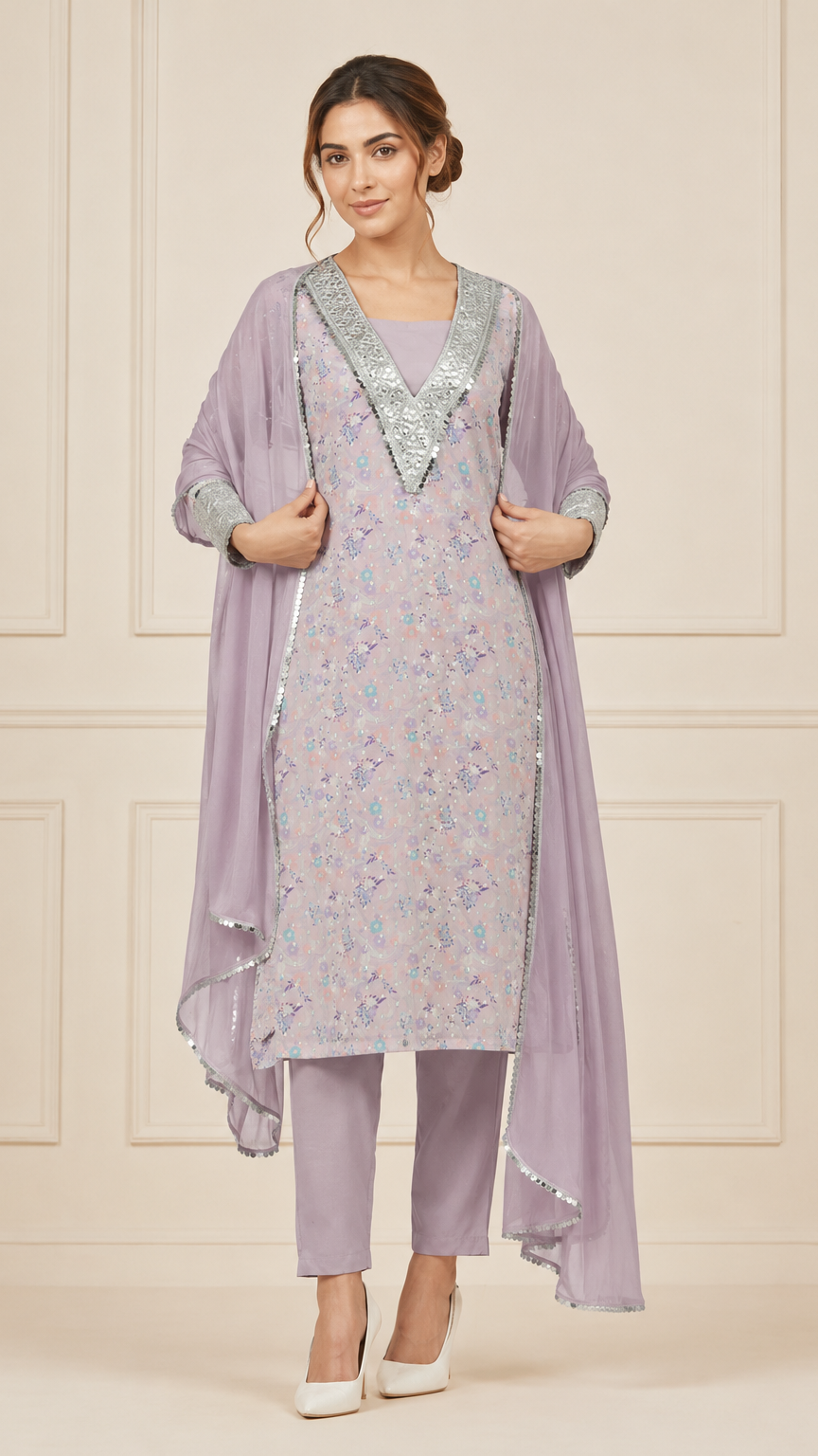 Mauve lilac women’s embroidered salwar kameez suit with matching trousers and chiffon dupatta, silver embellished Asian ethnic wear by Diya Online