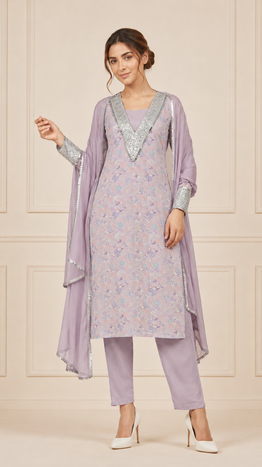 Mauve lilac women’s embroidered salwar kameez suit with matching trousers and chiffon dupatta, silver embellished Asian ethnic wear by Diya Online