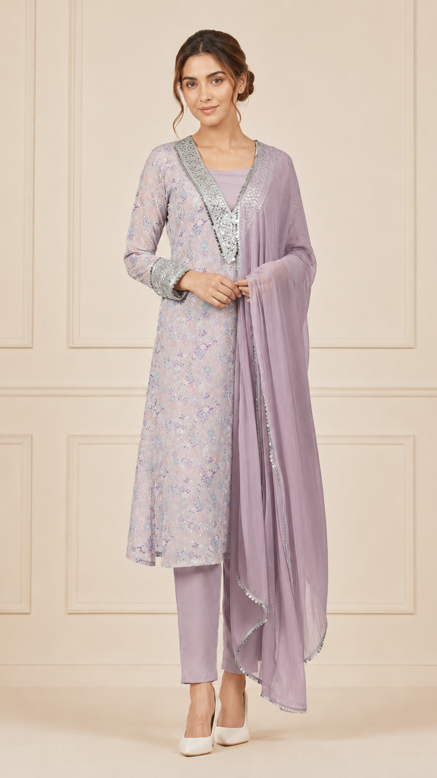 Mauve lilac women’s embroidered salwar kameez suit with matching trousers and chiffon dupatta, silver embellished Asian ethnic wear by Diya Online