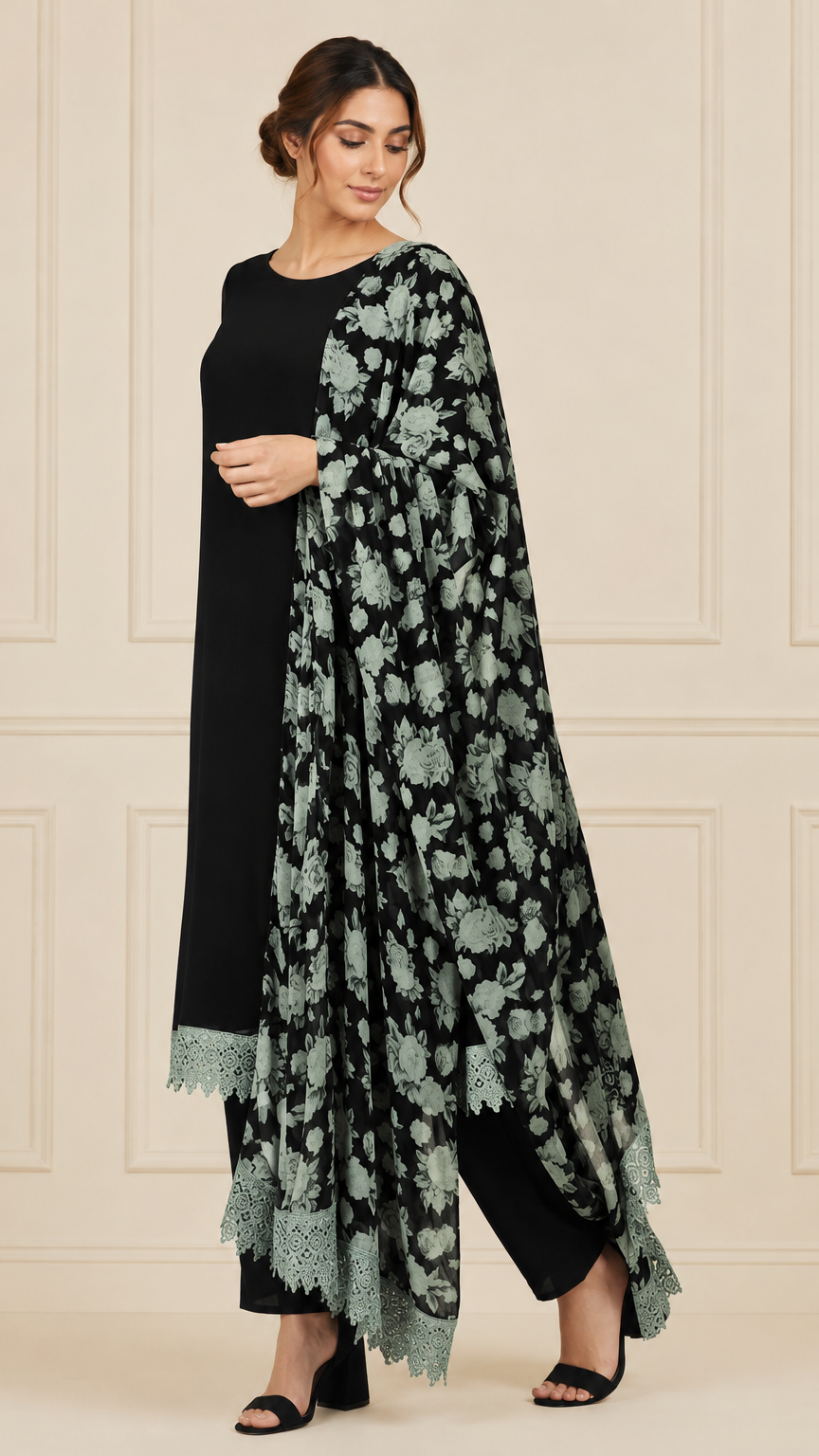 Black women’s salwar kameez suit with matching trousers, mint lace trim and floral printed dupatta, elegant Asian ethnic wear by Diya Online