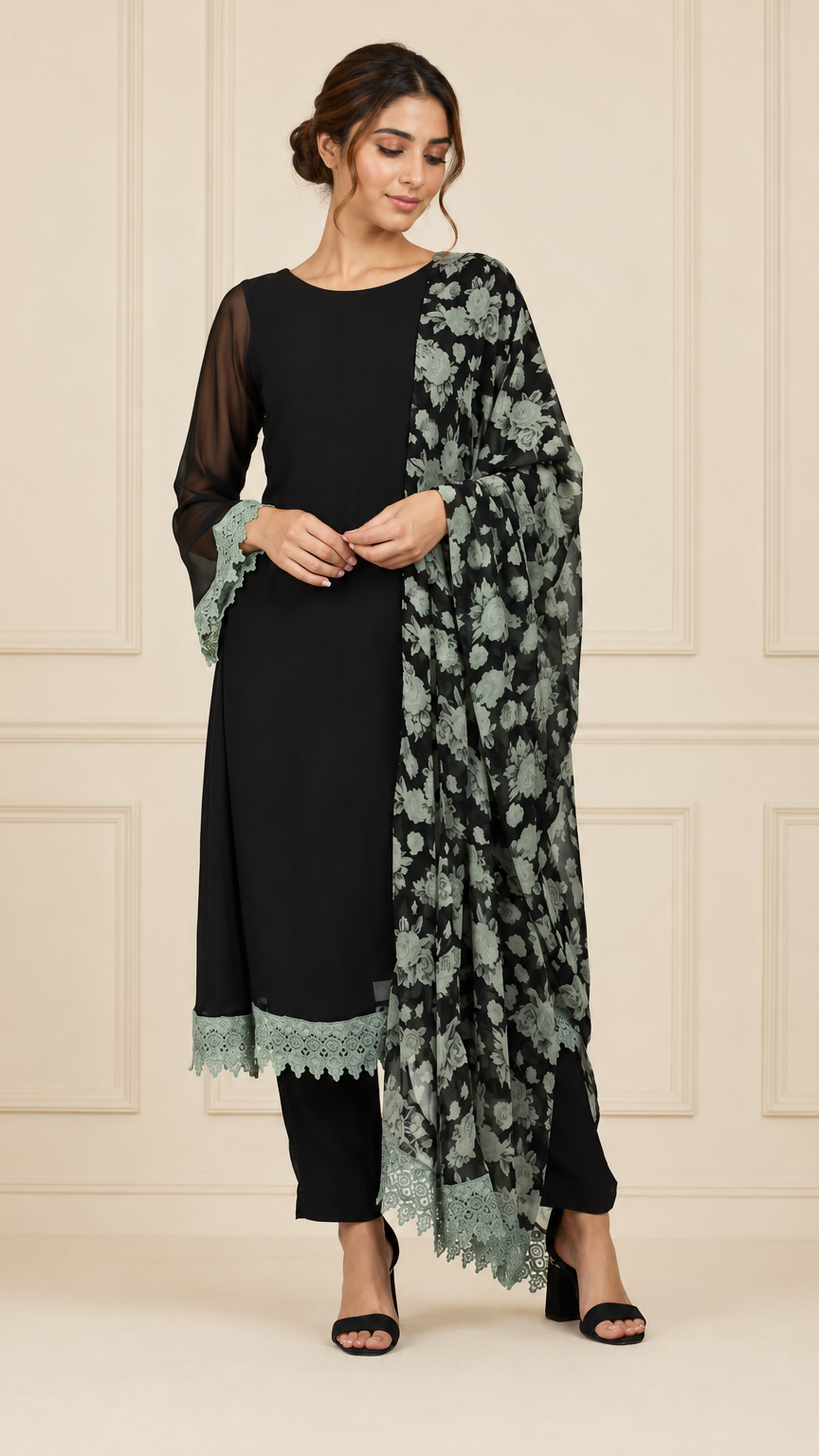 Black women’s salwar kameez suit with matching trousers, mint lace trim and floral printed dupatta, elegant Asian ethnic wear by Diya Online