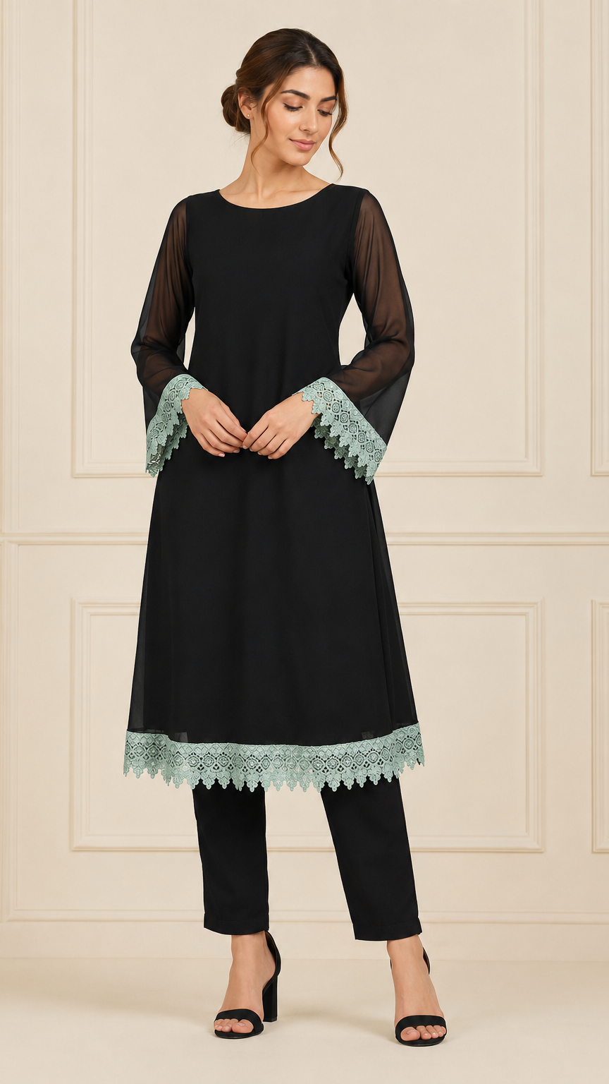 Black women’s salwar kameez suit with matching trousers, mint lace trim and floral printed dupatta, elegant Asian ethnic wear by Diya Online
