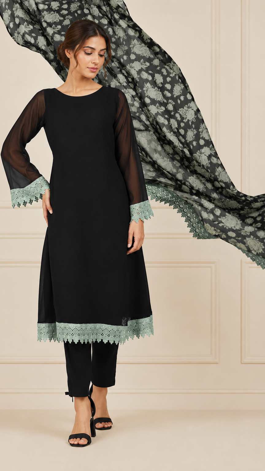 Black women’s salwar kameez suit with matching trousers, mint lace trim and floral printed dupatta, elegant Asian ethnic wear by Diya Online