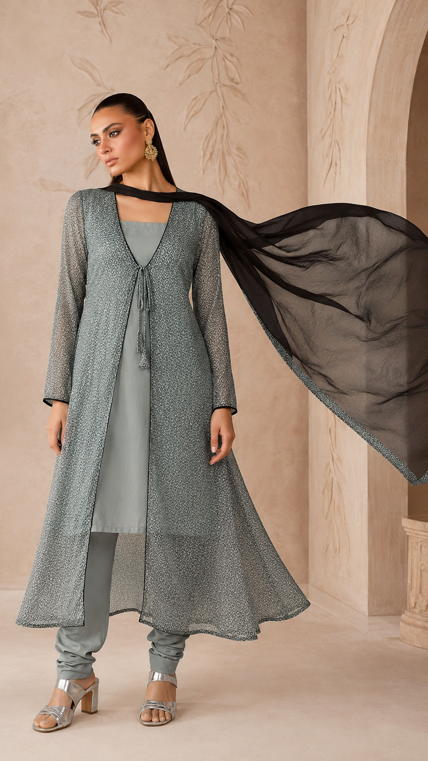 Grey women’s layered salwar kameez suit with matching churidar leggings, long printed jacket and black chiffon dupatta, elegant Asian ethnic wear by Diya Online