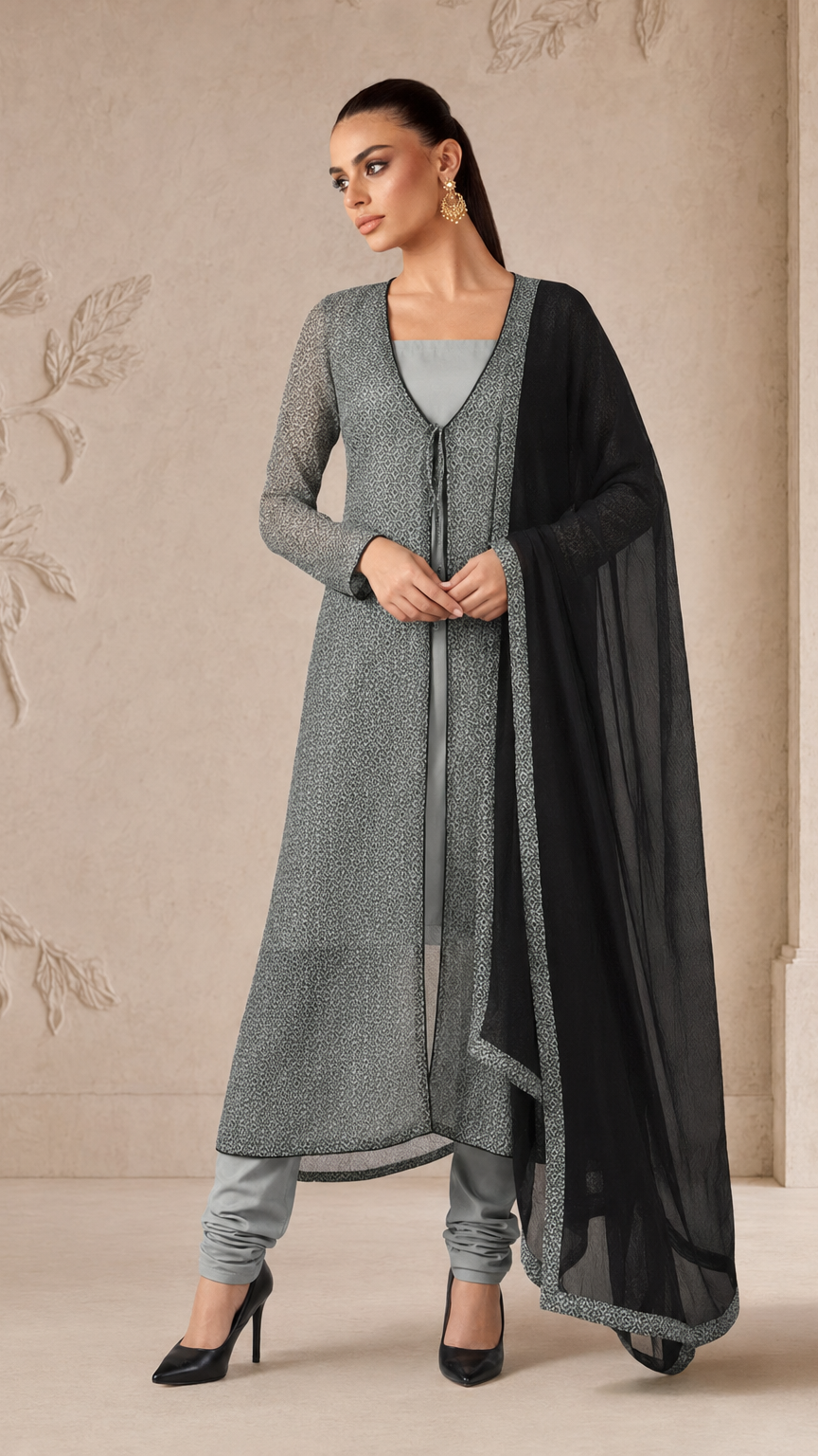 Grey women’s layered salwar kameez suit with matching churidar leggings, long printed jacket and black chiffon dupatta, elegant Asian ethnic wear by Diya Online