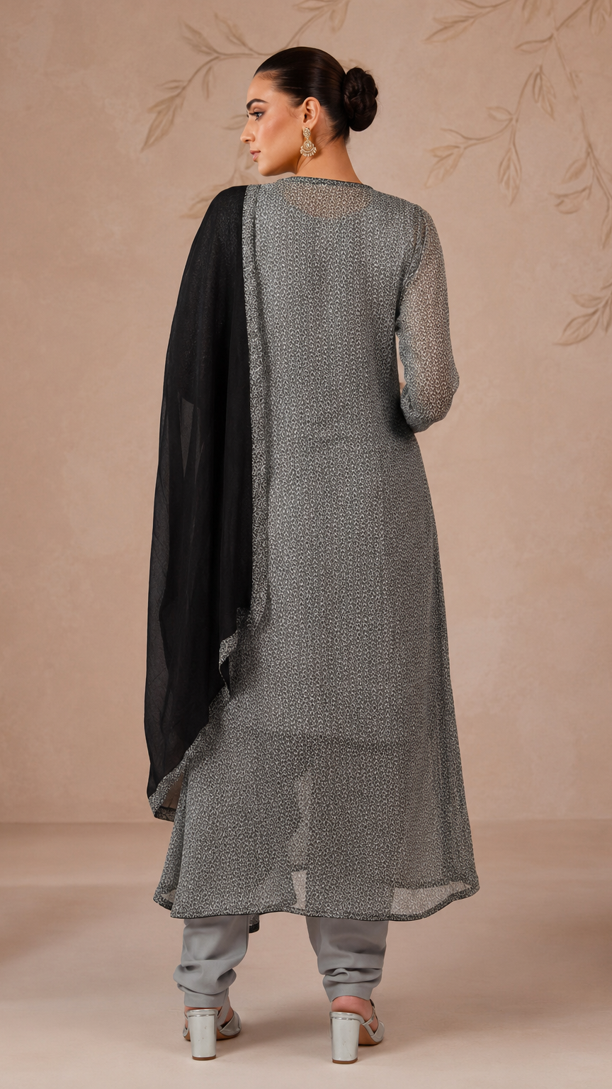 Grey women’s layered salwar kameez suit with matching churidar leggings, long printed jacket and black chiffon dupatta, elegant Asian ethnic wear by Diya Online