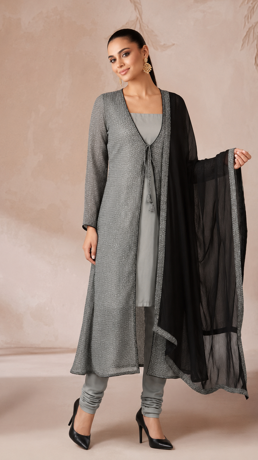Grey women’s layered salwar kameez suit with matching churidar leggings, long printed jacket and black chiffon dupatta, elegant Asian ethnic wear by Diya Online