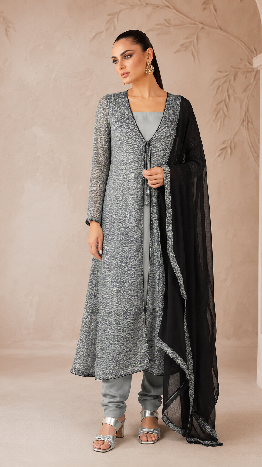 Grey women’s layered salwar kameez suit with matching churidar leggings, long printed jacket and black chiffon dupatta, elegant Asian ethnic wear by Diya Online