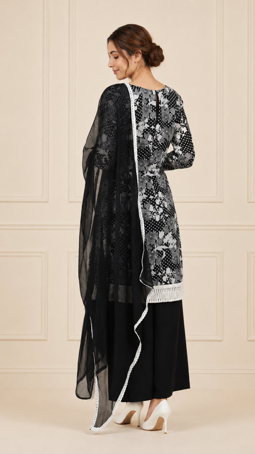 Black and ivory women’s floral printed salwar kameez suit with wide-leg trousers and sheer chiffon dupatta, elegant Asian ethnic wear by Diya Online
