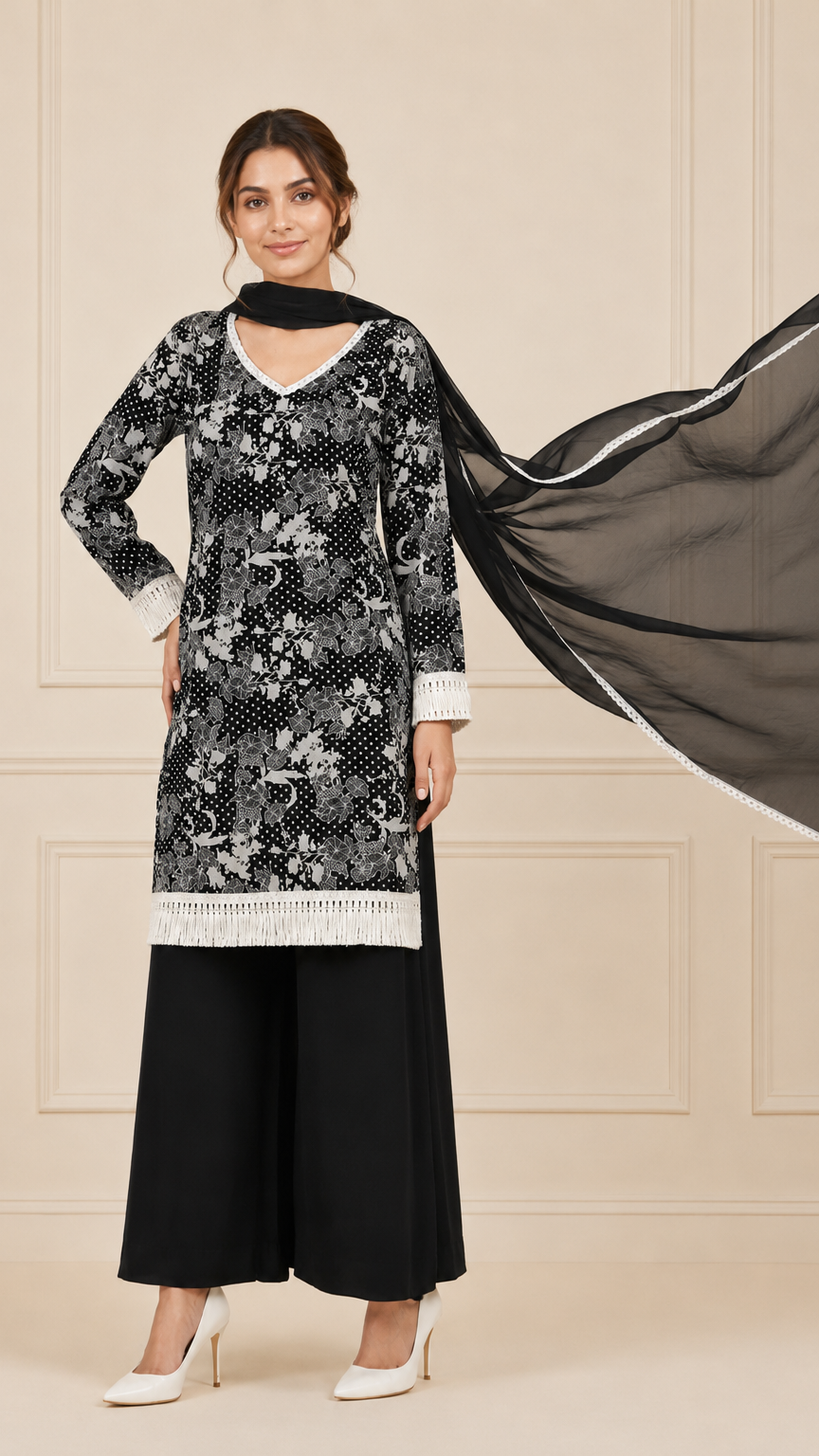 Black and ivory women’s floral printed salwar kameez suit with wide-leg trousers and sheer chiffon dupatta, elegant Asian ethnic wear by Diya Online