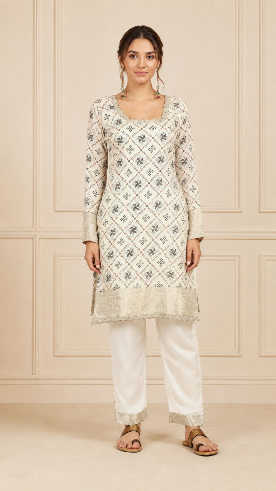 Ivory women’s printed salwar kameez suit with matching trousers and red bandhani dupatta, elegant Asian ethnic wear by Diya Online