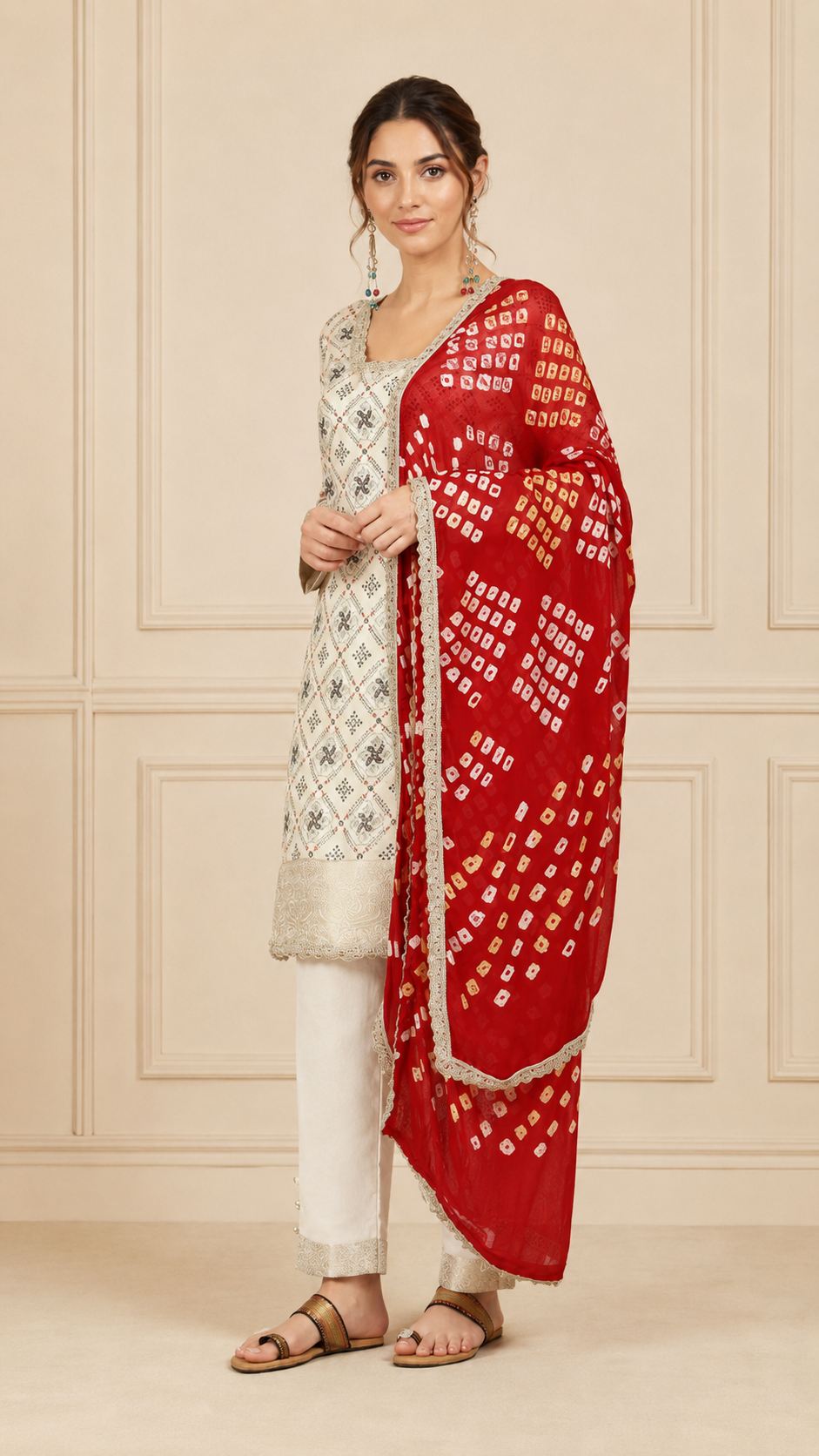 Ivory women’s printed salwar kameez suit with matching trousers and red bandhani dupatta, elegant Asian ethnic wear by Diya Online