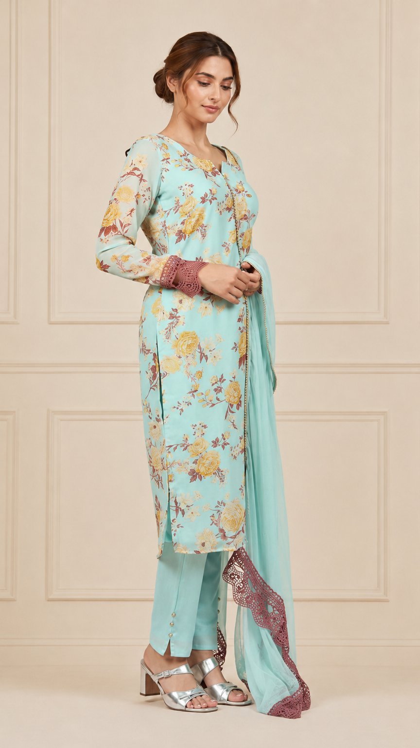 Aqua blue women’s floral salwar kameez suit with matching trousers and chiffon dupatta, elegant Asian ethnic wear by Diya Online
