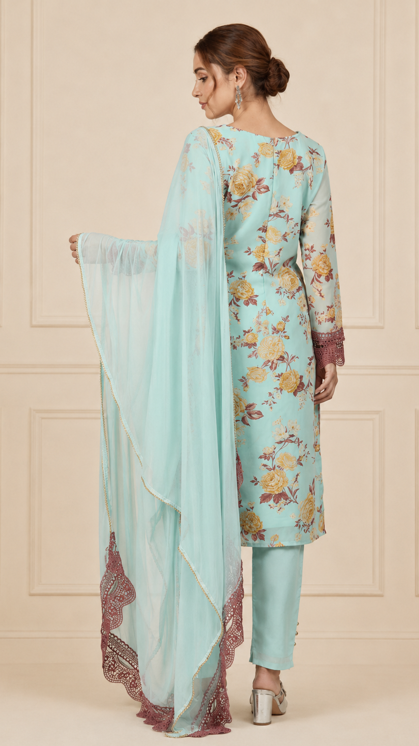 Aqua blue women’s floral salwar kameez suit with matching trousers and chiffon dupatta, elegant Asian ethnic wear by Diya Online