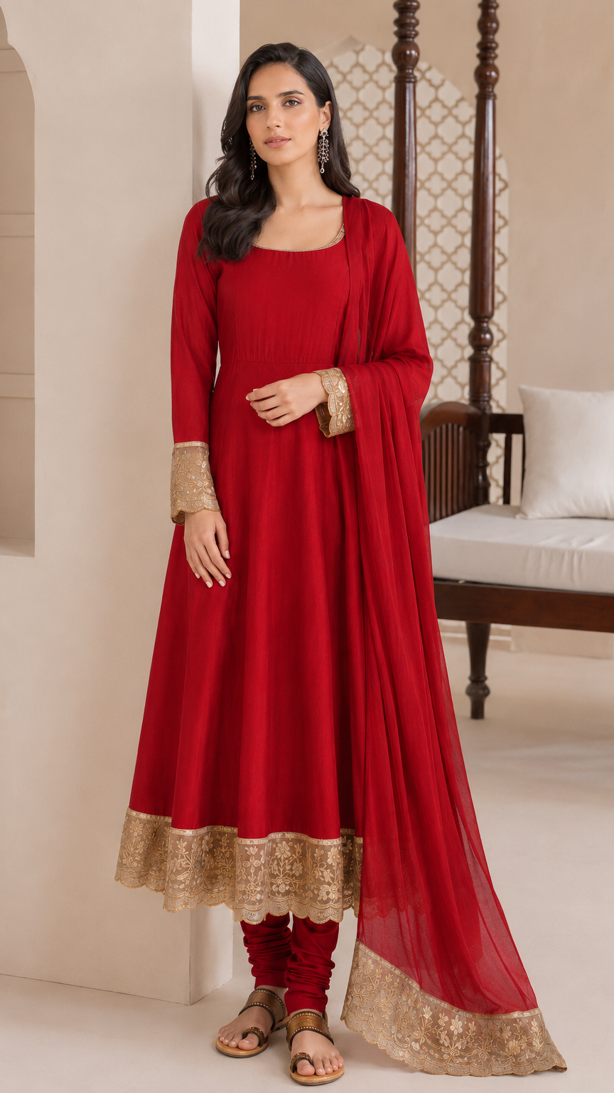 Deep red women’s embroidered Anarkali salwar kameez suit with matching trousers and chiffon dupatta, gold lace border Asian ethnic wear by Diya Online