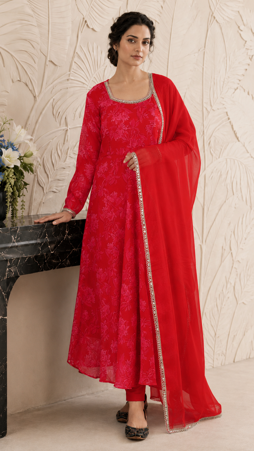 Bright red women’s Anarkali salwar kameez suit with matching trousers and chiffon dupatta, floral jacquard design and silver trim, elegant Asian ethnic wear by Diya Online