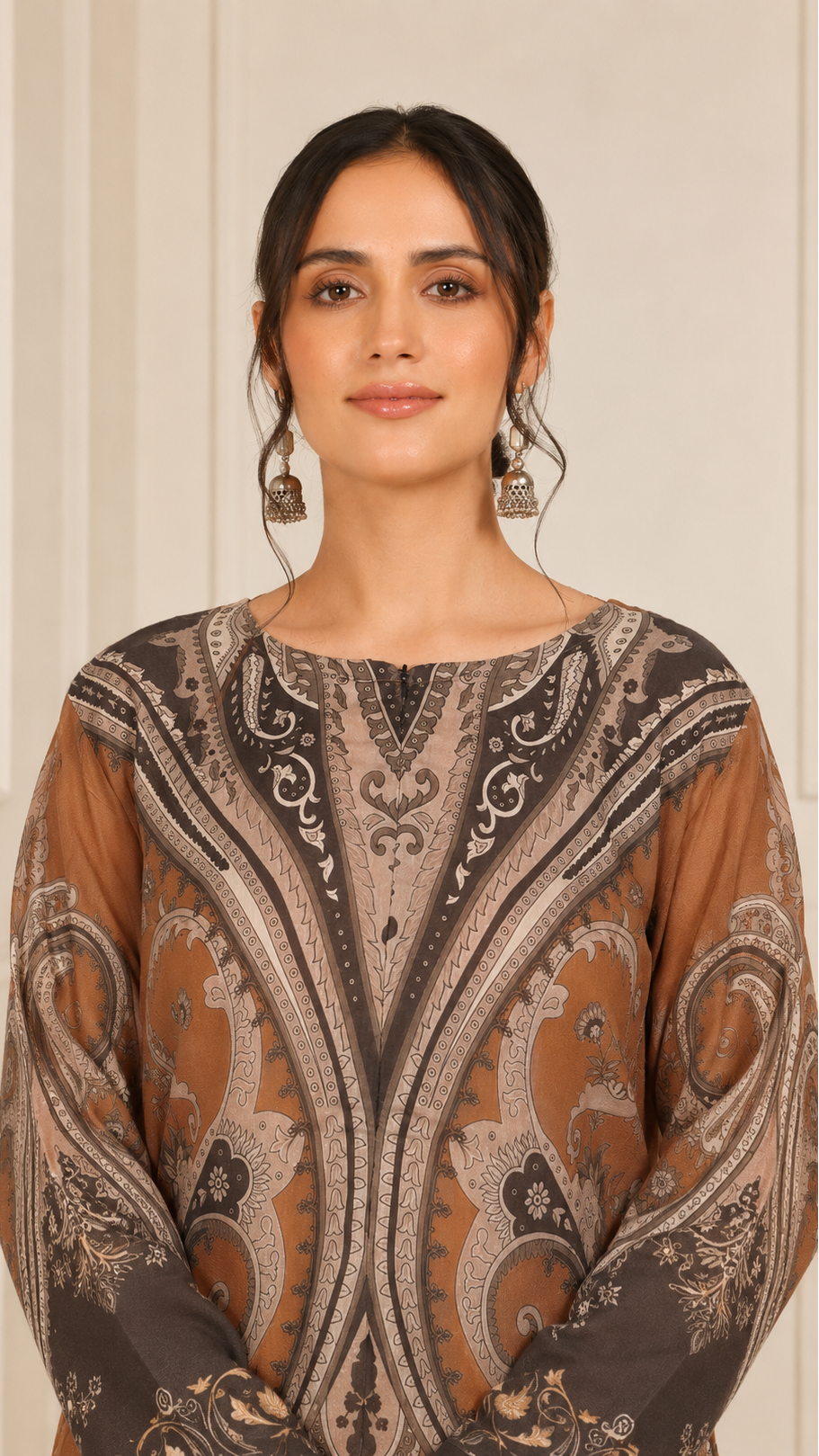 Camel brown women’s salwar kameez suit with printed kurta, matching trousers and chiffon dupatta with embellished border, elegant Asian ethnic wear by Diya Online