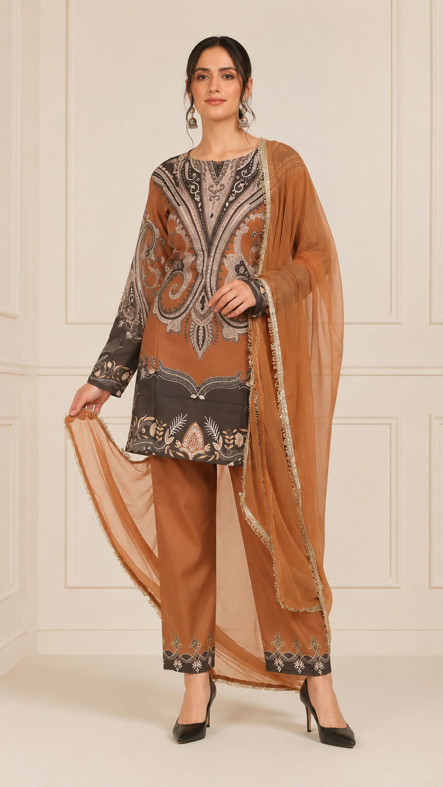 Camel brown women’s salwar kameez suit with printed kurta, matching trousers and chiffon dupatta with embellished border, elegant Asian ethnic wear by Diya Online