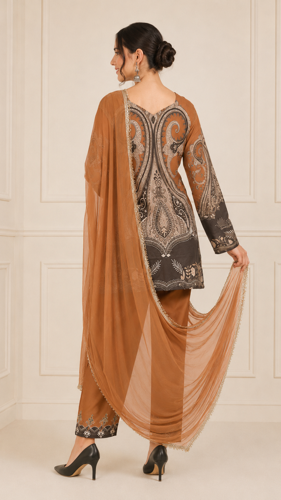 Camel brown women’s salwar kameez suit with printed kurta, matching trousers and chiffon dupatta with embellished border, elegant Asian ethnic wear by Diya Online
