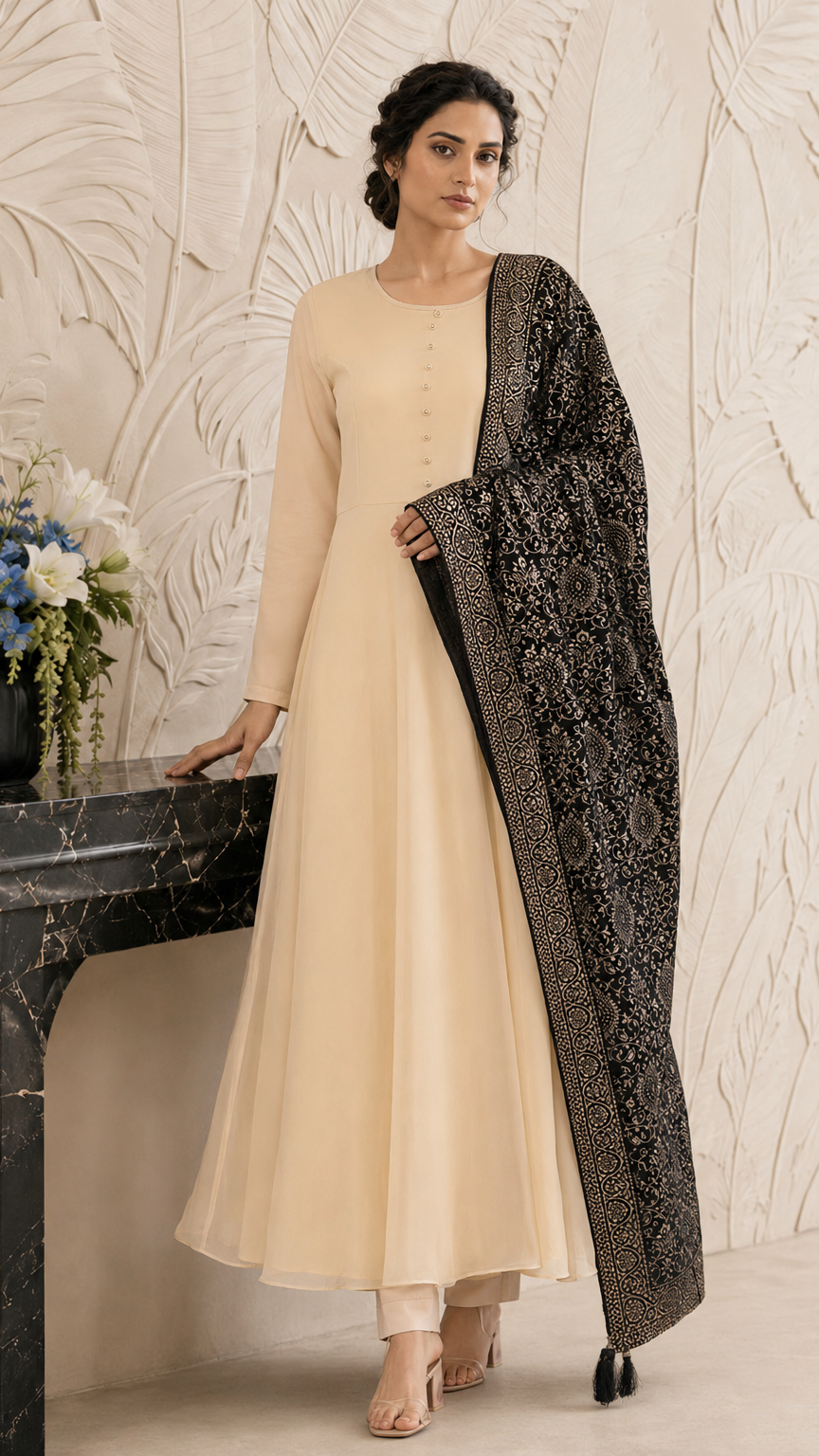 Cream women’s Anarkali salwar kameez suit with matching trousers and black gold printed dupatta, elegant Asian ethnic wear by Diya Online