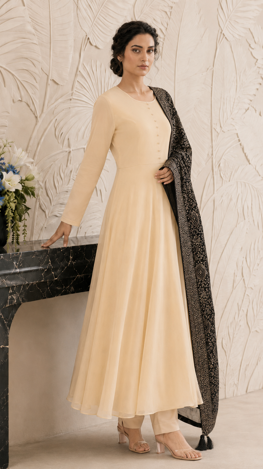Cream women’s Anarkali salwar kameez suit with matching trousers and black gold printed dupatta, elegant Asian ethnic wear by Diya Online