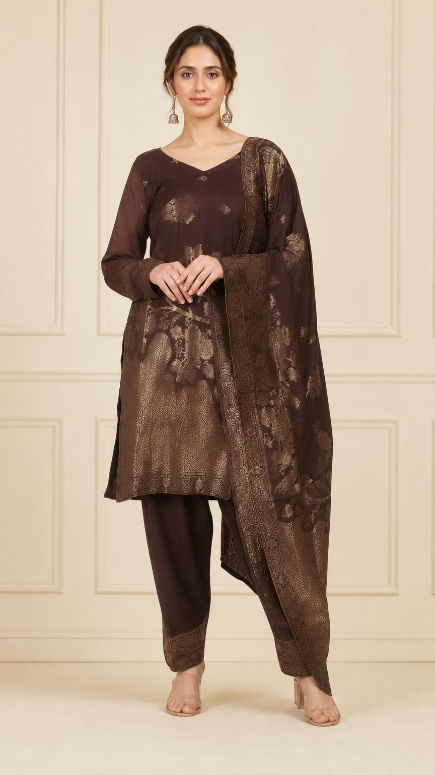 Chocolate brown women’s salwar kameez suit with matching trousers and gold jacquard floral dupatta, elegant Asian ethnic wear by Diya Online