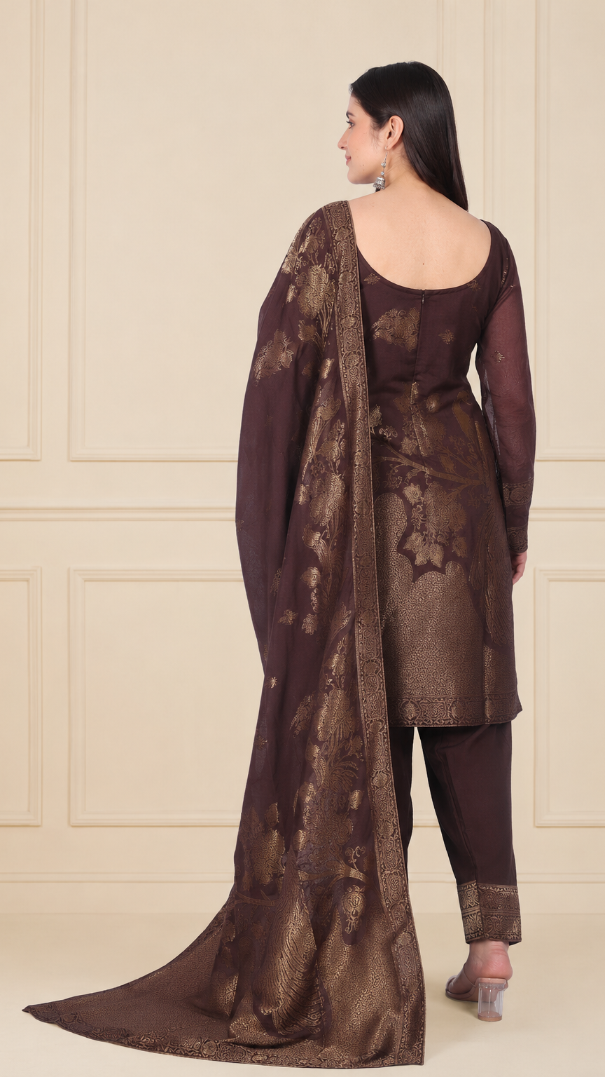 Chocolate brown women’s salwar kameez suit with matching trousers and gold jacquard floral dupatta, elegant Asian ethnic wear by Diya Online
