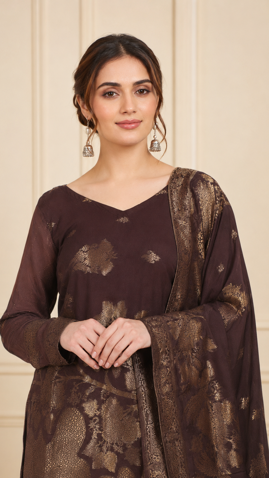 Chocolate brown women’s salwar kameez suit with matching trousers and gold jacquard floral dupatta, elegant Asian ethnic wear by Diya Online