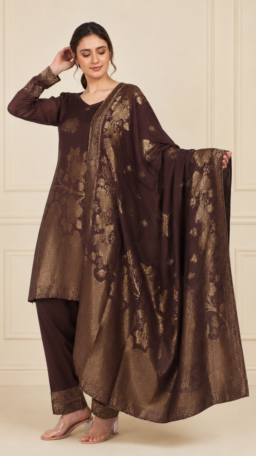 Chocolate brown women’s salwar kameez suit with matching trousers and gold jacquard floral dupatta, elegant Asian ethnic wear by Diya Online