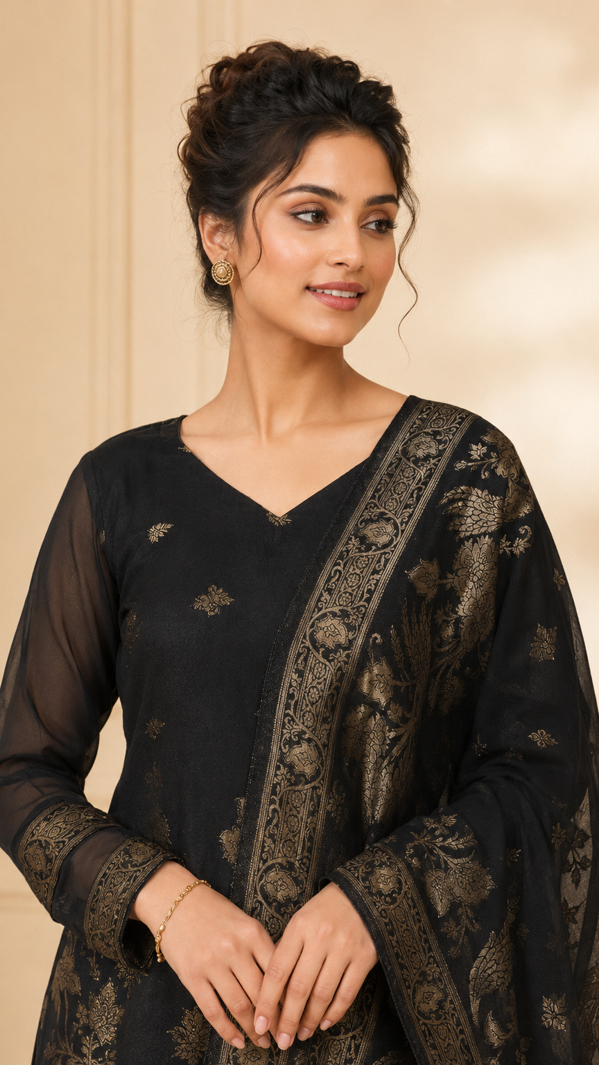 Black and gold women’s salwar kameez suit with matching trousers and jacquard floral dupatta, elegant Asian ethnic wear by Diya Online