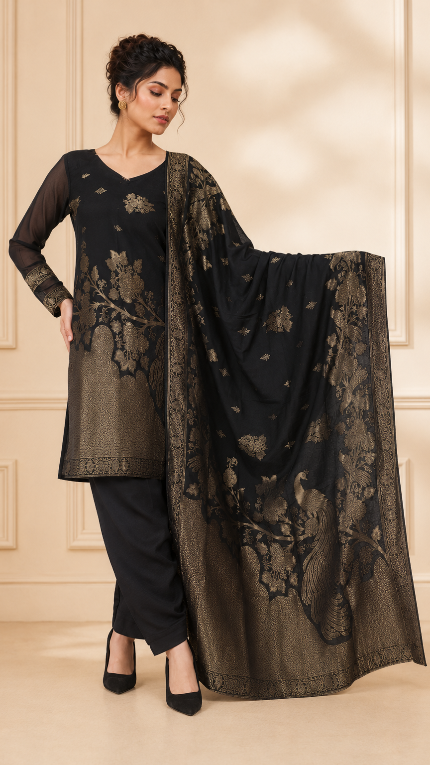 Black and gold women’s salwar kameez suit with matching trousers and jacquard floral dupatta, elegant Asian ethnic wear by Diya Online