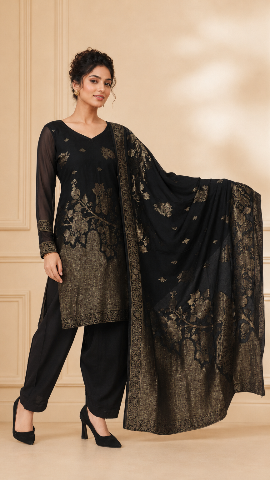 Black and gold women’s salwar kameez suit with matching trousers and jacquard floral dupatta, elegant Asian ethnic wear by Diya Online