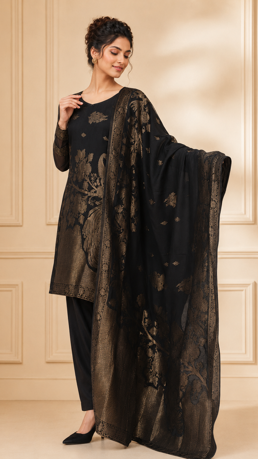 Black and gold women’s salwar kameez suit with matching trousers and jacquard floral dupatta, elegant Asian ethnic wear by Diya Online