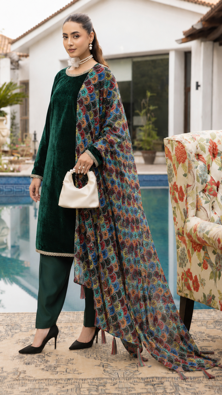 Emerald green velvet women’s salwar kameez suit with matching trousers and multicolour printed dupatta with tassels, elegant Asian ethnic wear by Diya Online