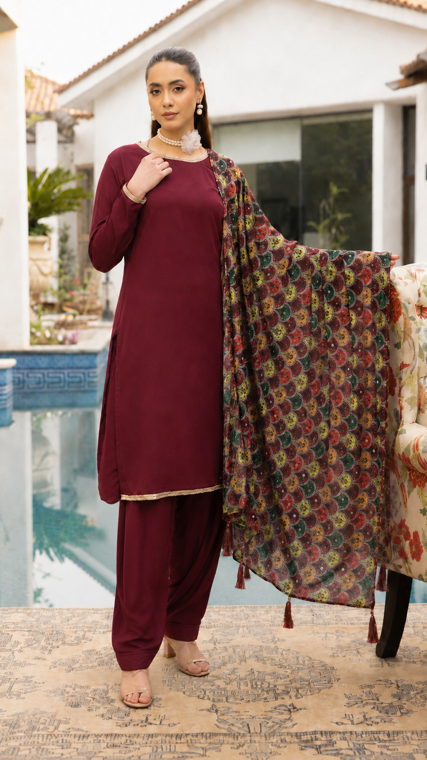 Burgundy women’s salwar kameez suit with matching trousers and multicolour printed dupatta with tassels, elegant Asian ethnic wear by Diya Online