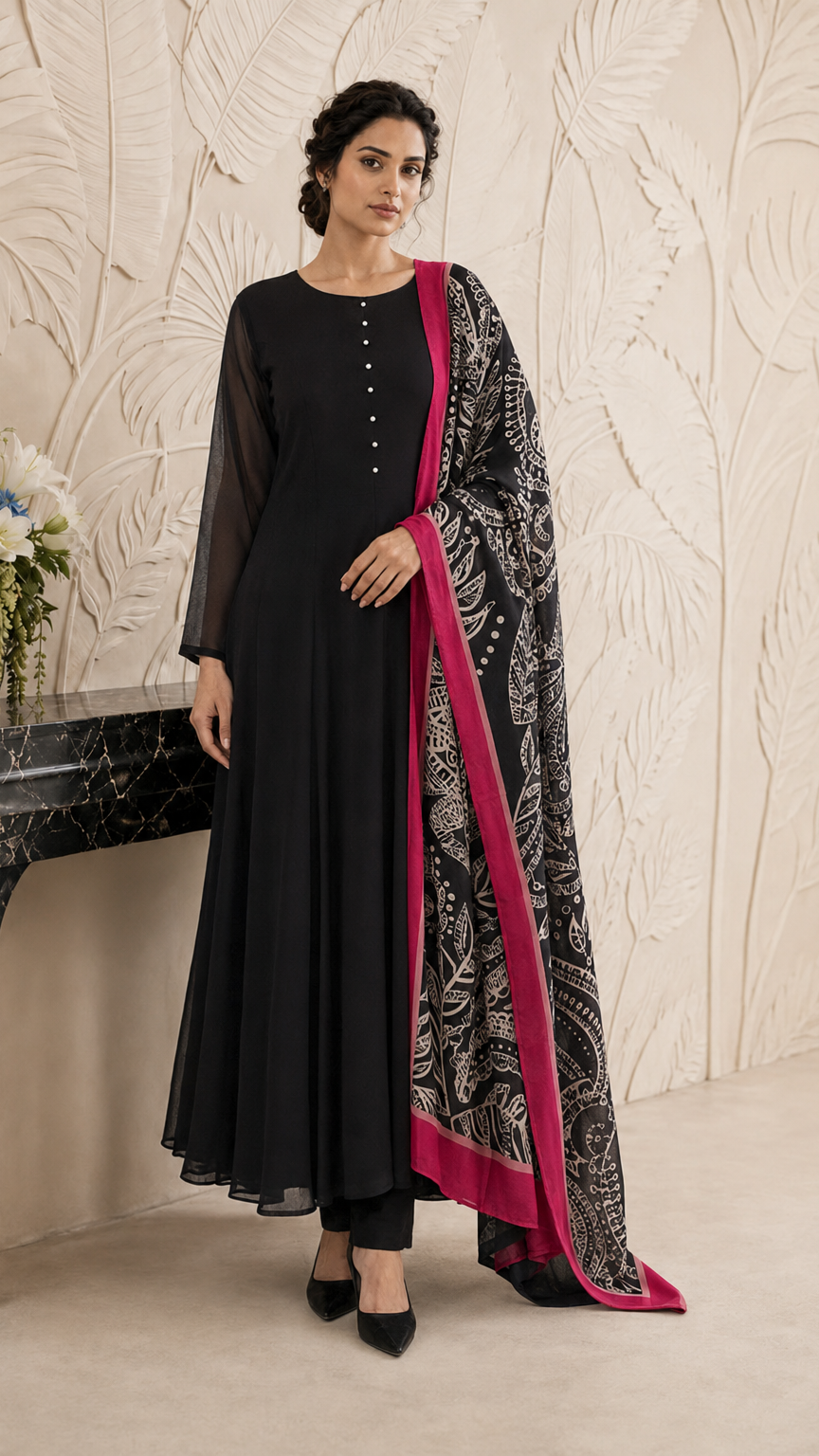 Black women’s Anarkali salwar kameez suit with matching trousers and black paisley printed dupatta with pink border, elegant Asian ethnic wear by Diya Online
