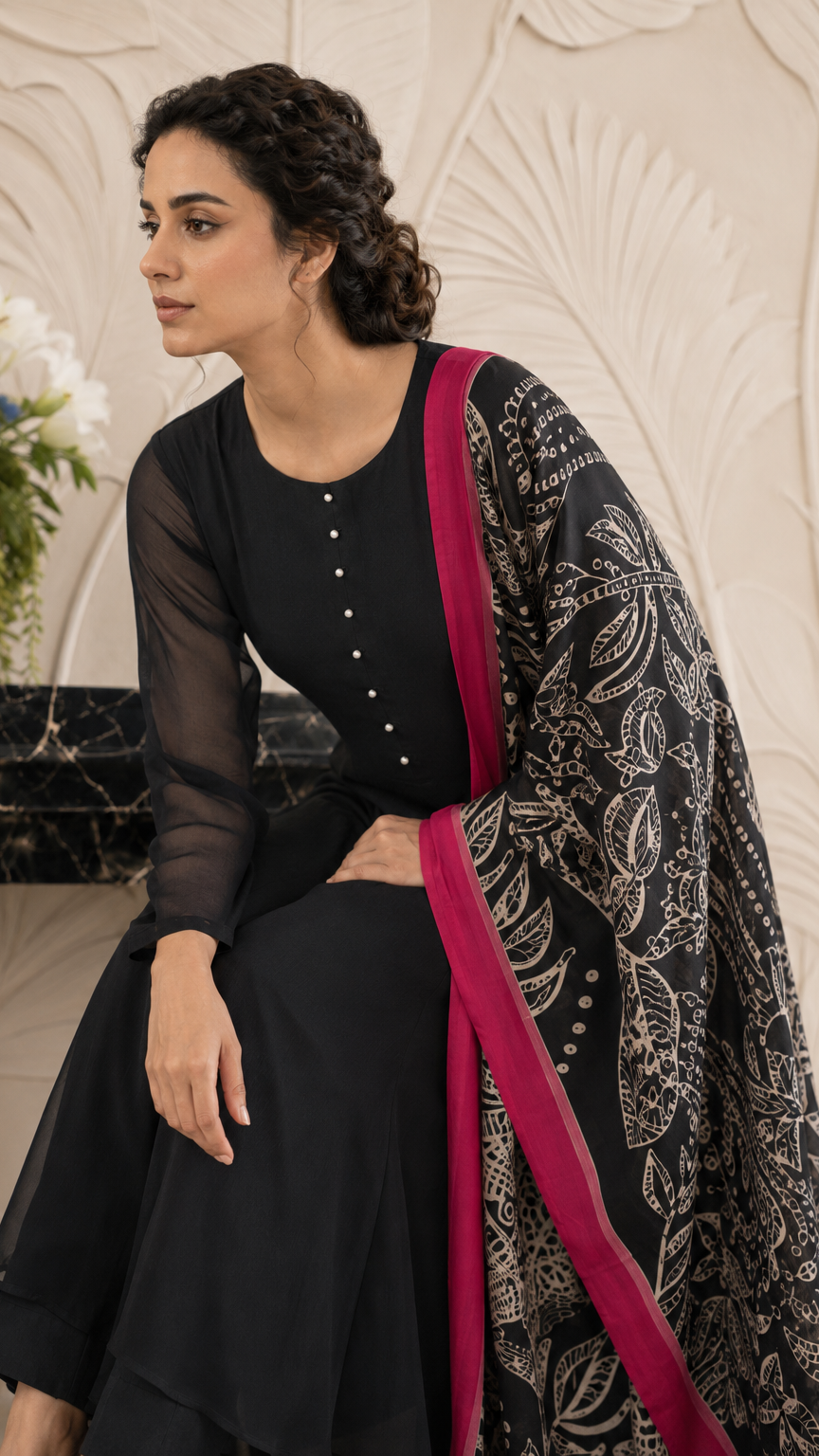 Black women’s Anarkali salwar kameez suit with matching trousers and black paisley printed dupatta with pink border, elegant Asian ethnic wear by Diya Online