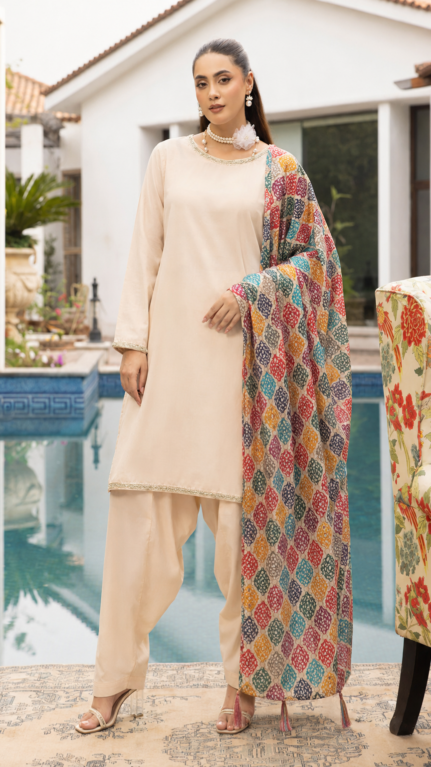 Cream women’s salwar kameez suit with matching trousers and multicolour printed dupatta, elegant Asian ethnic wear by Diya Online