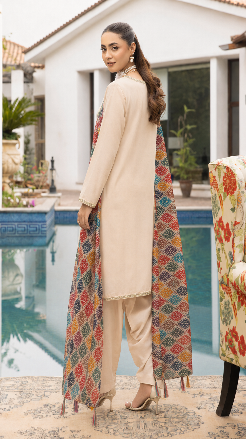 Cream women’s salwar kameez suit with matching trousers and multicolour printed dupatta, elegant Asian ethnic wear by Diya Online