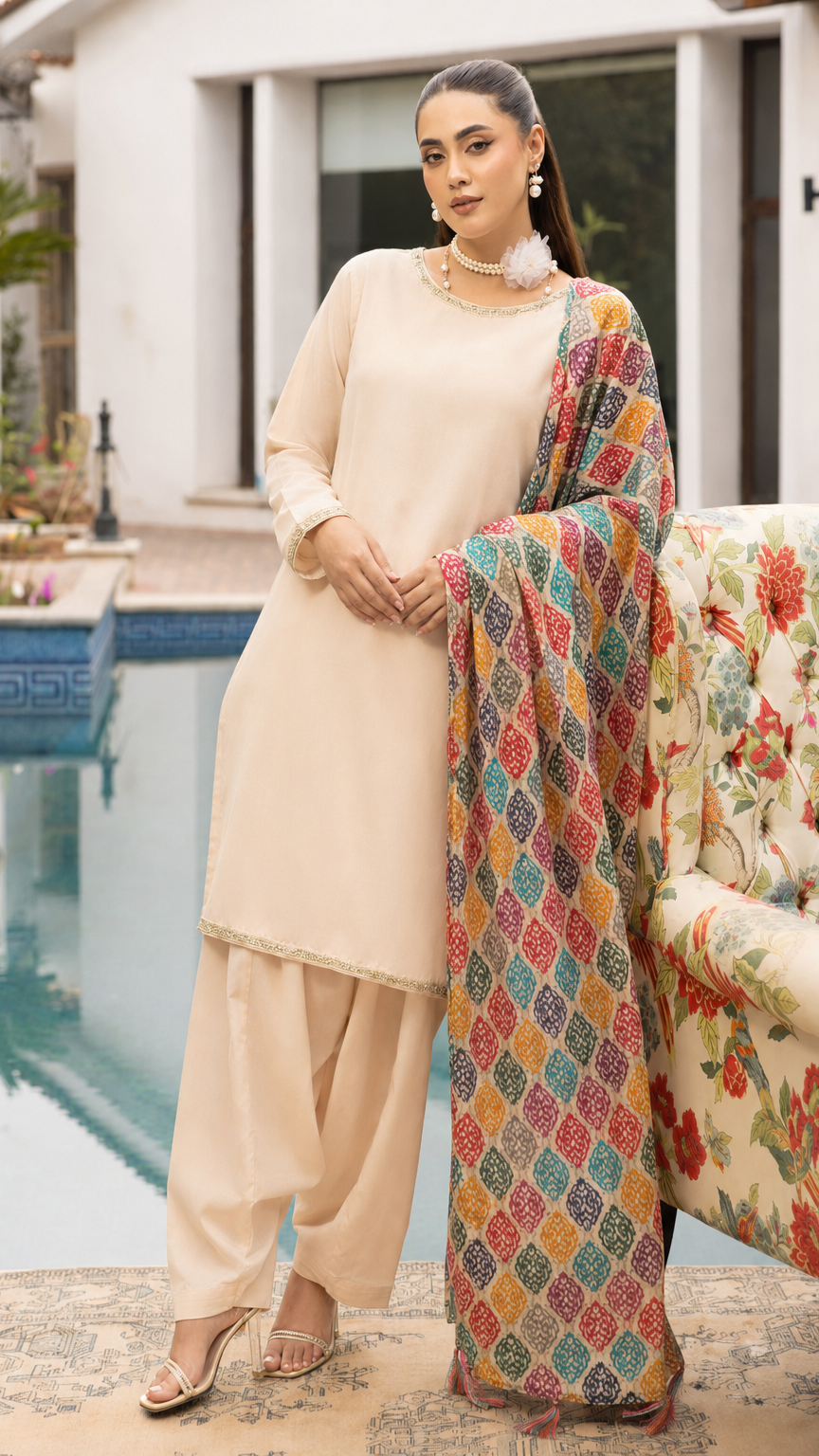 Cream women’s salwar kameez suit with matching trousers and multicolour printed dupatta, elegant Asian ethnic wear by Diya Online